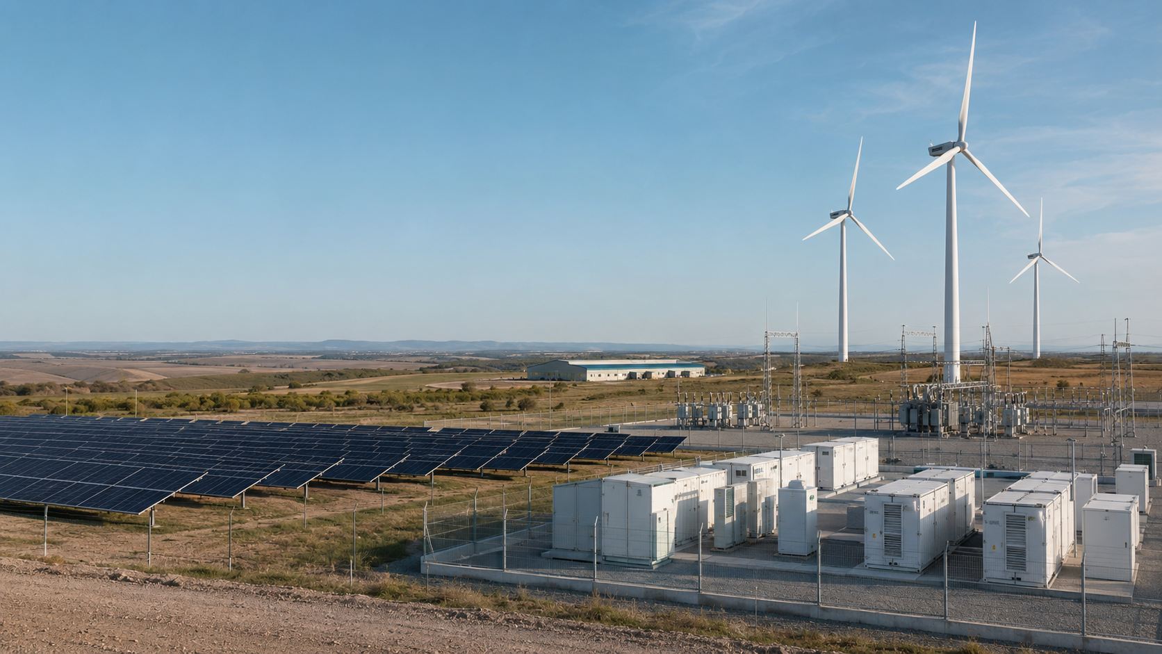 Planta solar con almacenamiento BESS, aerogeneradores y subestación de evacuación