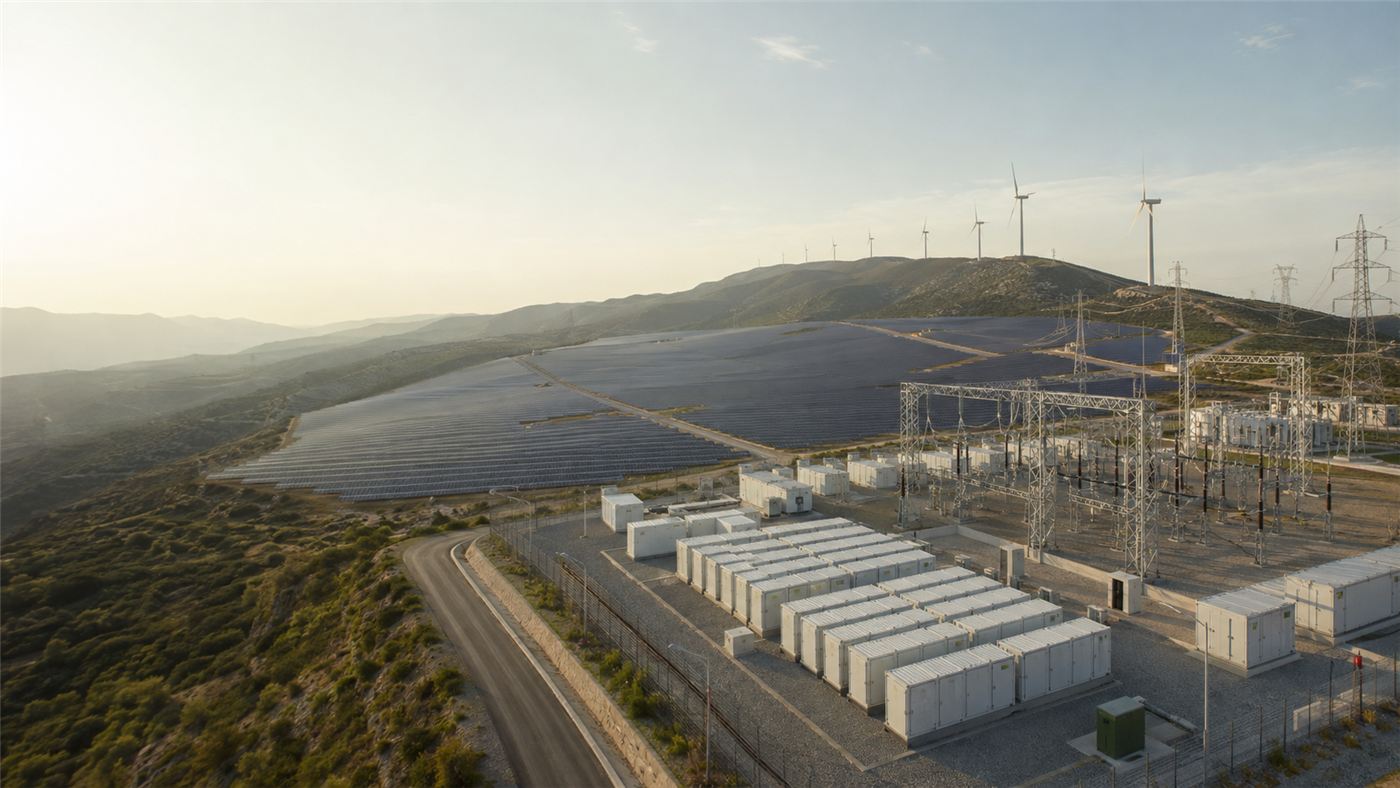 Vista aérea de planta solar, aerogeneradores y subestación eléctrica