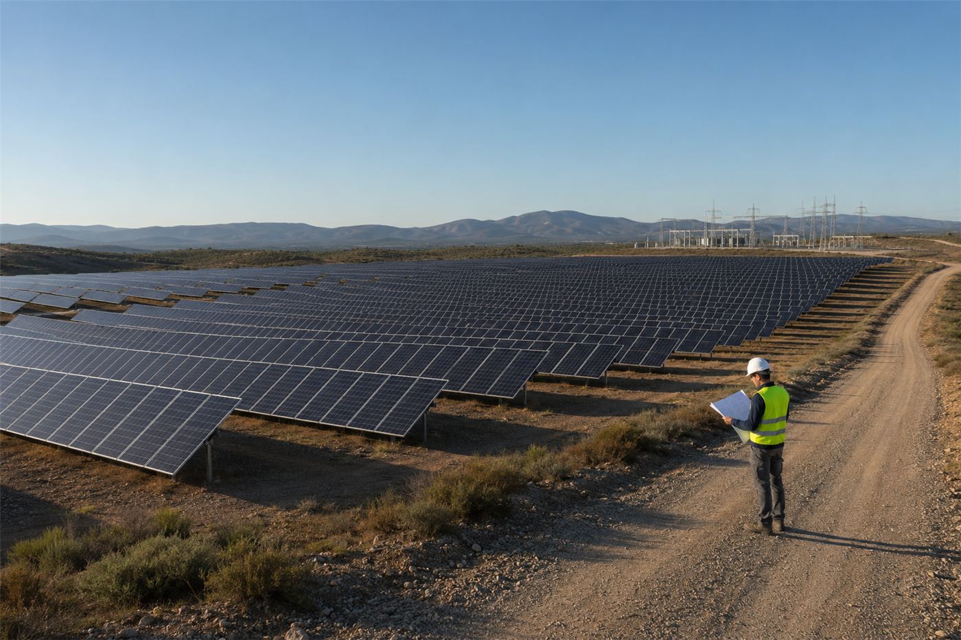 Ingeniero revisando planos junto a una planta solar fotovoltaica con infraestructura de evacuación al fondo